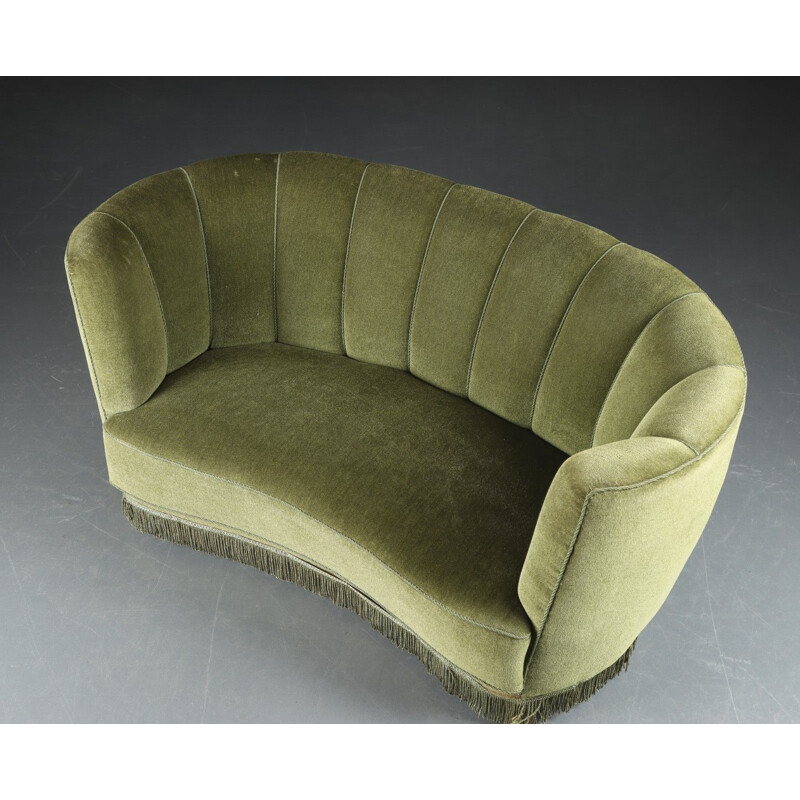 Danish vintage beechwood and green velor fabric sofa, 1940s