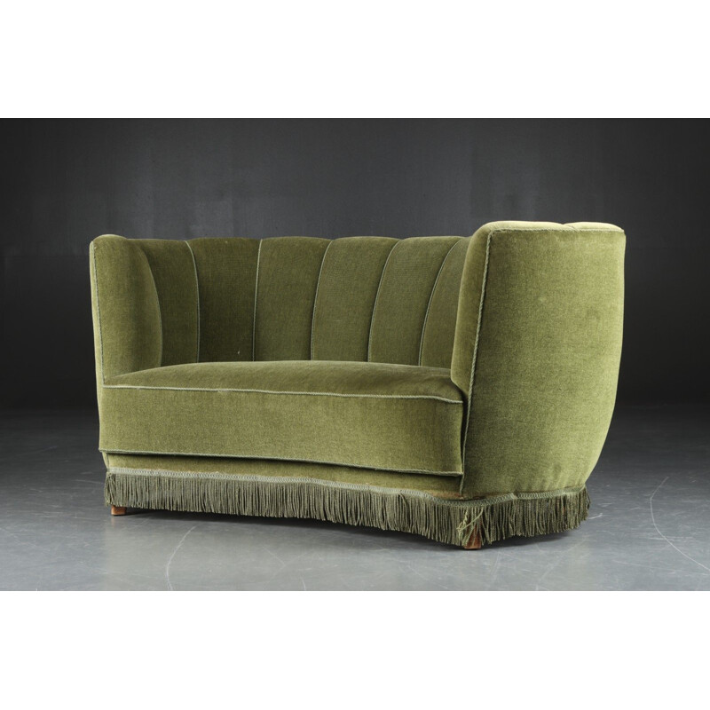 Danish vintage beechwood and green velor fabric sofa, 1940s