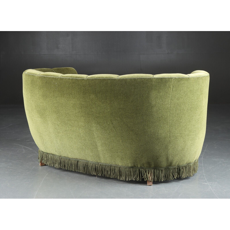 Danish vintage beechwood and green velor fabric sofa, 1940s