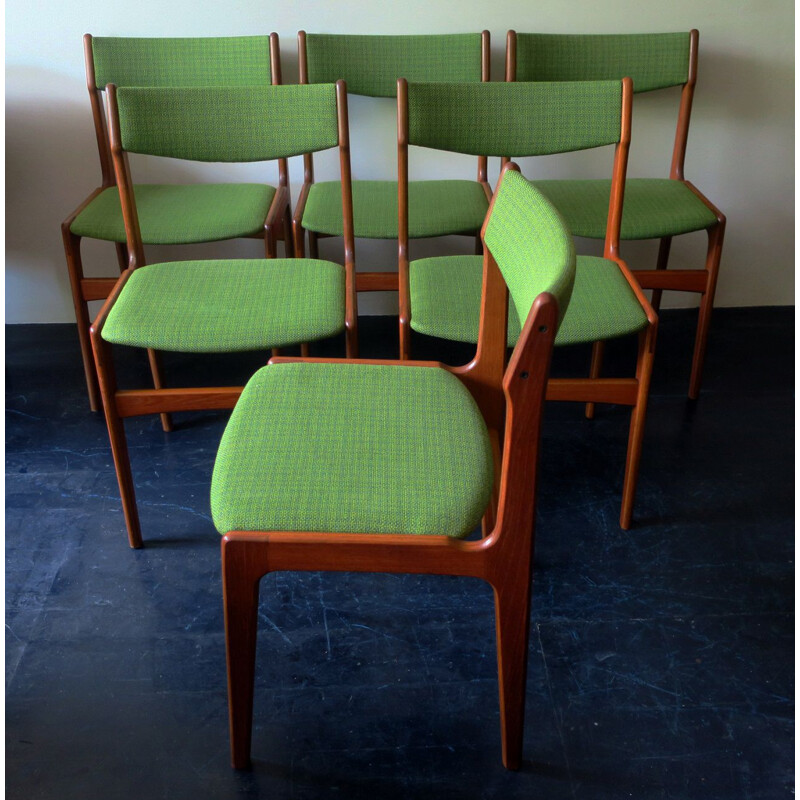 Set of 6 vintage teak and green wool fabric chairs by Erik Buch, Denmark 1960s