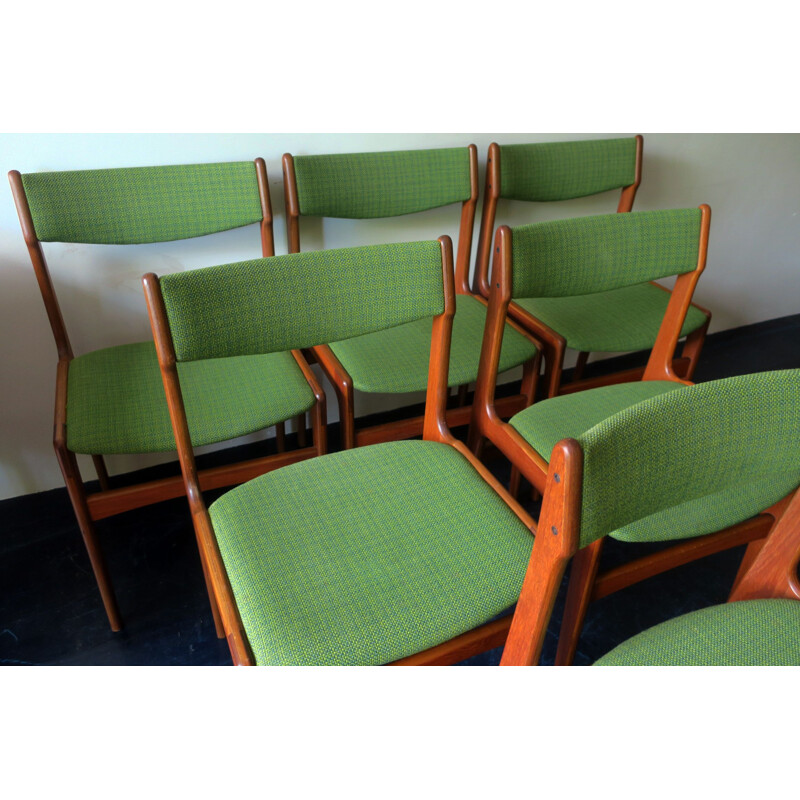 Set of 6 vintage teak and green wool fabric chairs by Erik Buch, Denmark 1960s