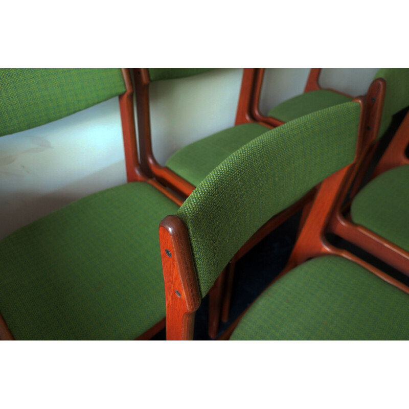 Set of 6 vintage teak and green wool fabric chairs by Erik Buch, Denmark 1960s