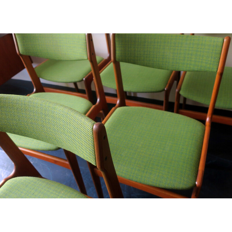 Set of 6 vintage teak and green wool fabric chairs by Erik Buch, Denmark 1960s