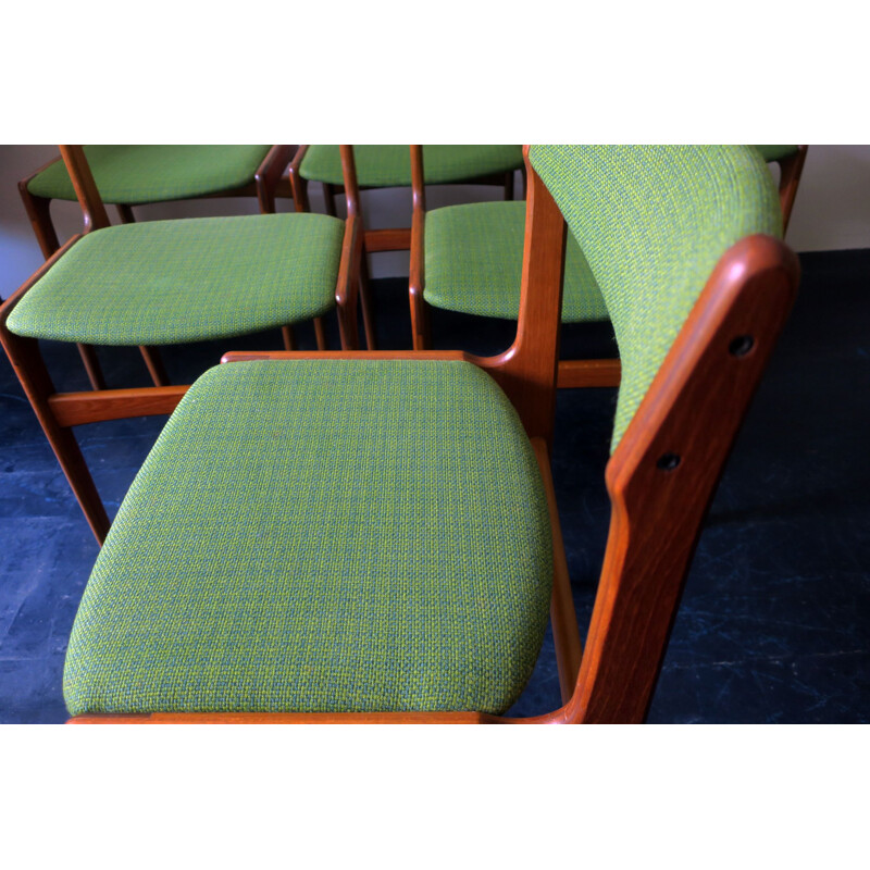 Set of 6 vintage teak and green wool fabric chairs by Erik Buch, Denmark 1960s