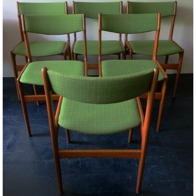 Set of 6 vintage teak and green wool fabric chairs by Erik Buch, Denmark 1960s