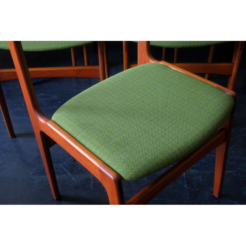 Set of 6 vintage teak and green wool fabric chairs by Erik Buch, Denmark 1960s