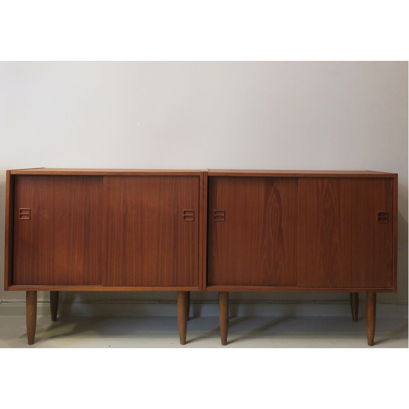 Pair of vintage Danish teak credenzas with sliding doors, 1960s