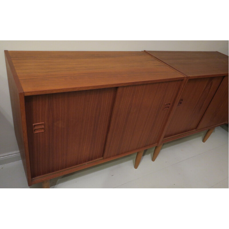 Pair of vintage Danish teak credenzas with sliding doors, 1960s