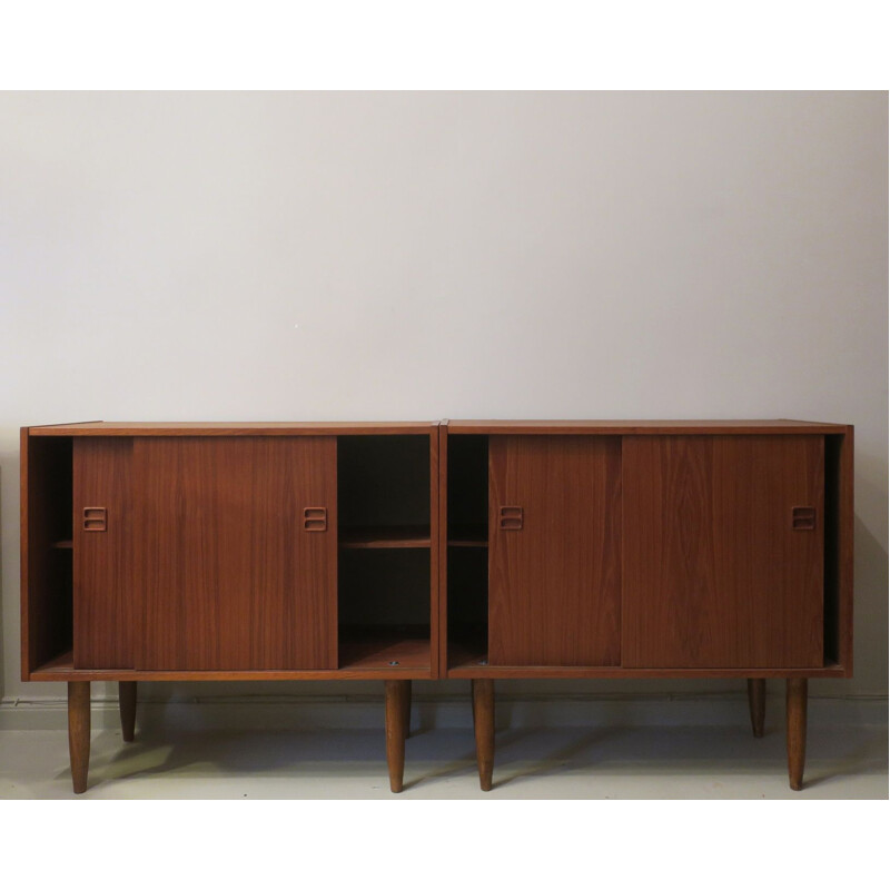 Pair of vintage Danish teak credenzas with sliding doors, 1960s