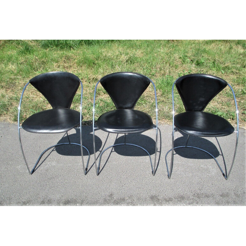 Set of 3 vintage Linda leather chairs by Arrben, Italy 1980s