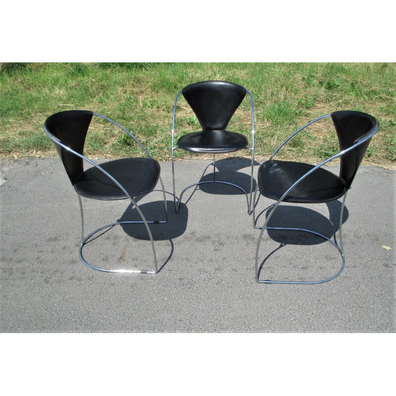 Set of 3 vintage Linda leather chairs by Arrben, Italy 1980s