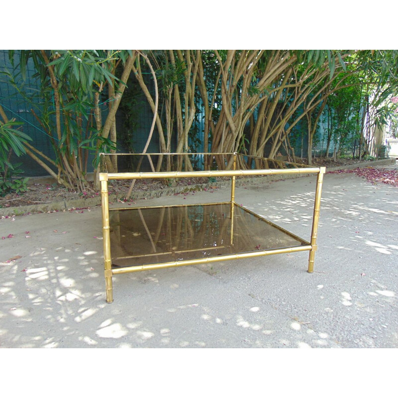 Brass vintage coffee table in bamboo shape smoked glasse by Maison Bagues