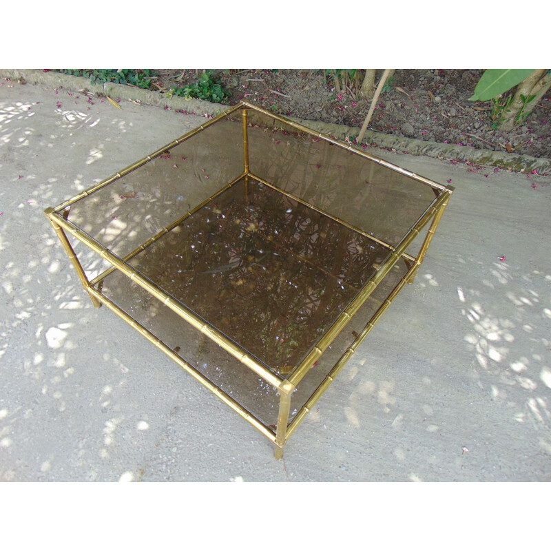 Brass vintage coffee table in bamboo shape smoked glasse by Maison Bagues