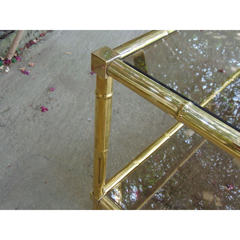 Brass vintage coffee table in bamboo shape smoked glasse by Maison Bagues