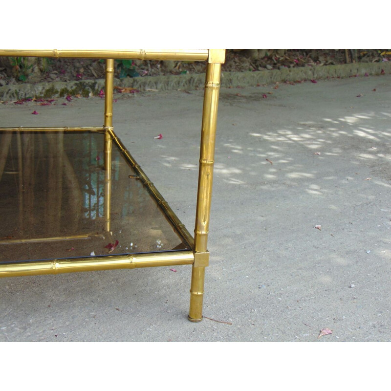 Brass vintage coffee table in bamboo shape smoked glasse by Maison Bagues