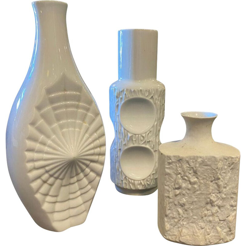 Lot de 3 vases allemands vintage modernistes en porcelaine blanche, 1980
