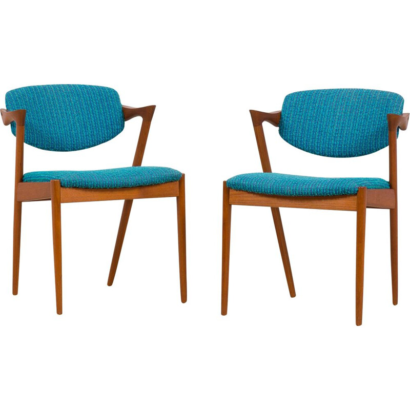 Paar vintage 42 teakhouten stoelen met originele blauwe bekleding van Kai Kristiansen, Denemarken 1960