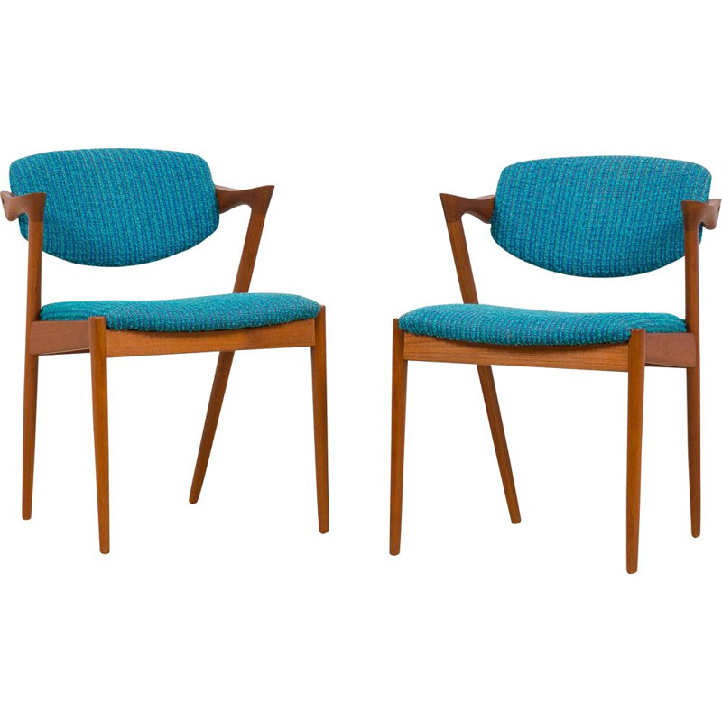 Pair of 42 teak vintage chairs in original blue upholstery by Kai Kristiansen, Denmark 1960s