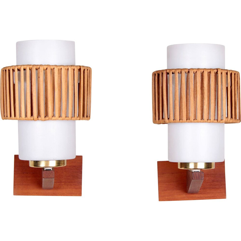 Pair of vintage opal glass and rattan detail wall lamps, Denmark 1960s