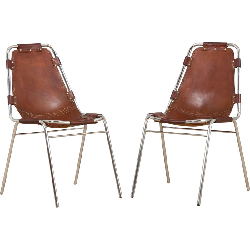 Pair of vintage chairs in brown cowhide leather for Les Arc, 1960s