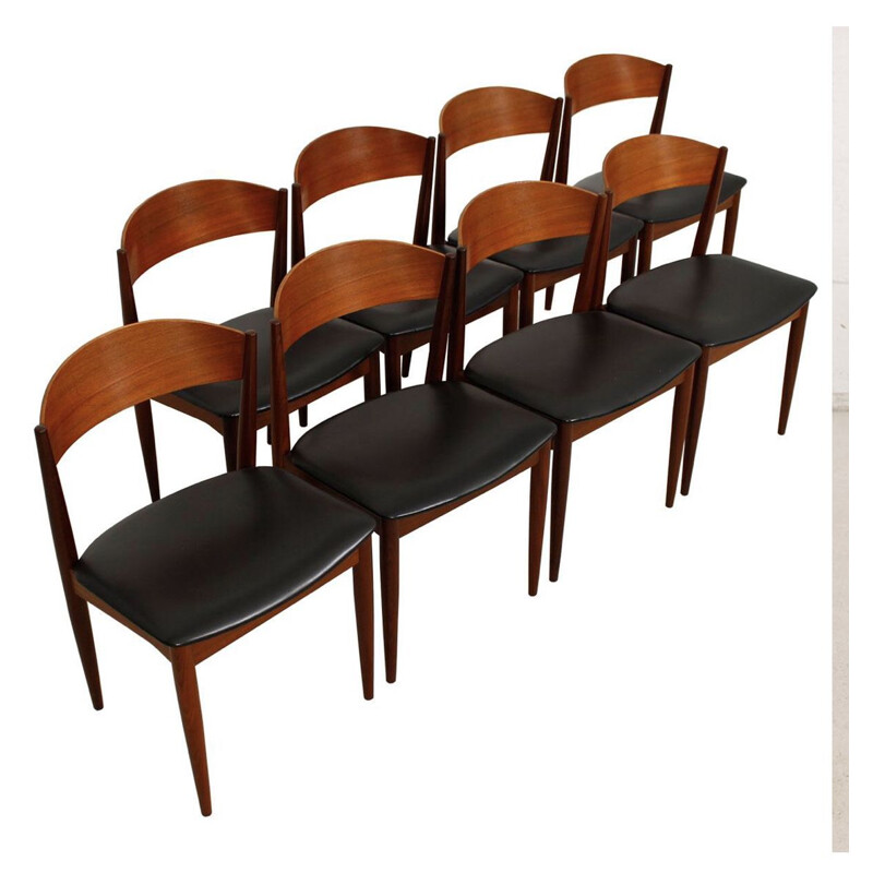 Set of 8 vintage teak and black skai chairs by Jydsk Mobelindustri Skanderborg, Denmark 1960