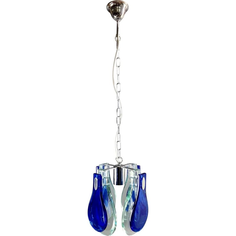 Vintage Veca chrome and ultramarine blue & teal crystals pendant lamp, Italy 1960s