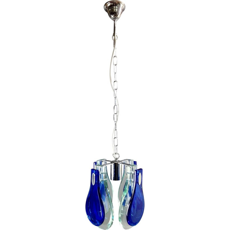 Vintage Veca hanglamp in chroom en ultramarijne en groenblauwe kristallen, Italië 1960