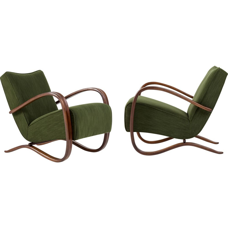 Pair of mid century H-269 green fabric armchairs by Jindrich Halabala, Czechoslovakia 1930