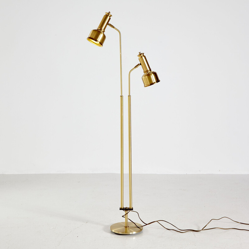 Brass Danish vintage floor lamp with two adjustable shades, 1970s