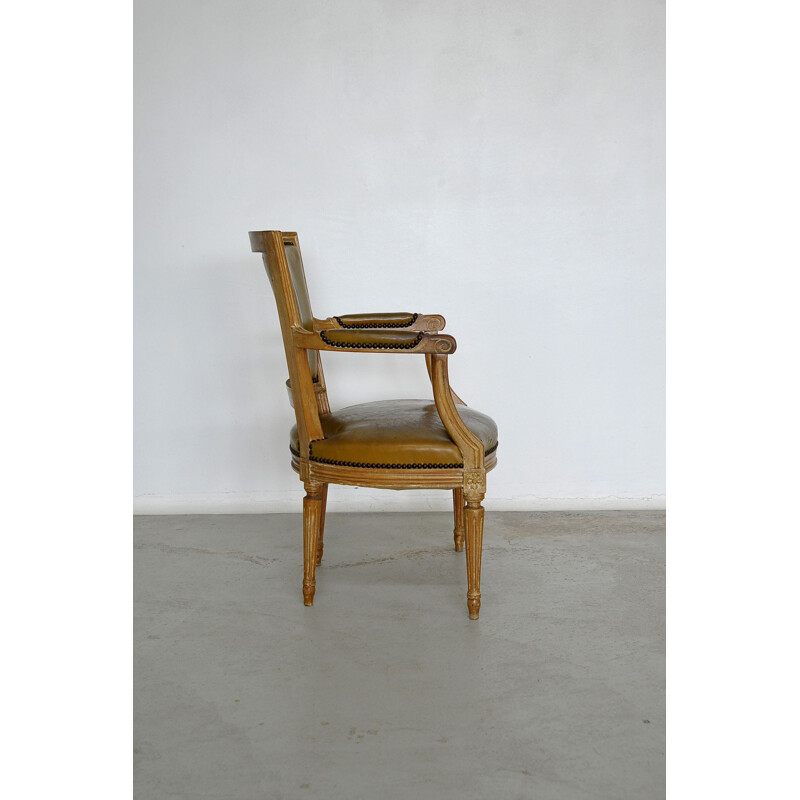 Vintage Louis XVI style beechwood and leather armchair by Maison Jansen, France 1960
