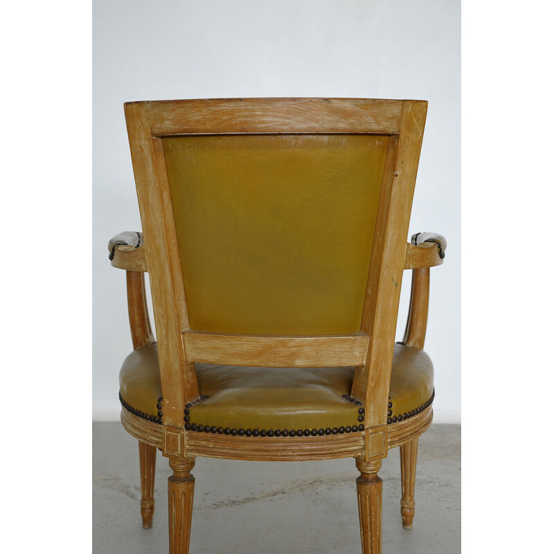 Vintage Louis XVI style beechwood and leather armchair by Maison Jansen, France 1960