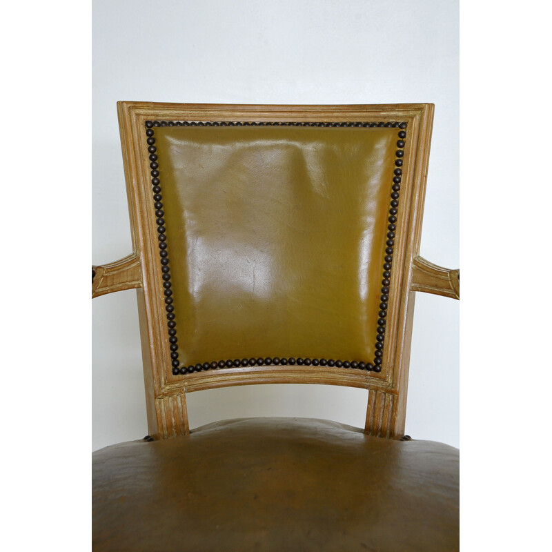 Vintage Louis XVI style beechwood and leather armchair by Maison Jansen, France 1960