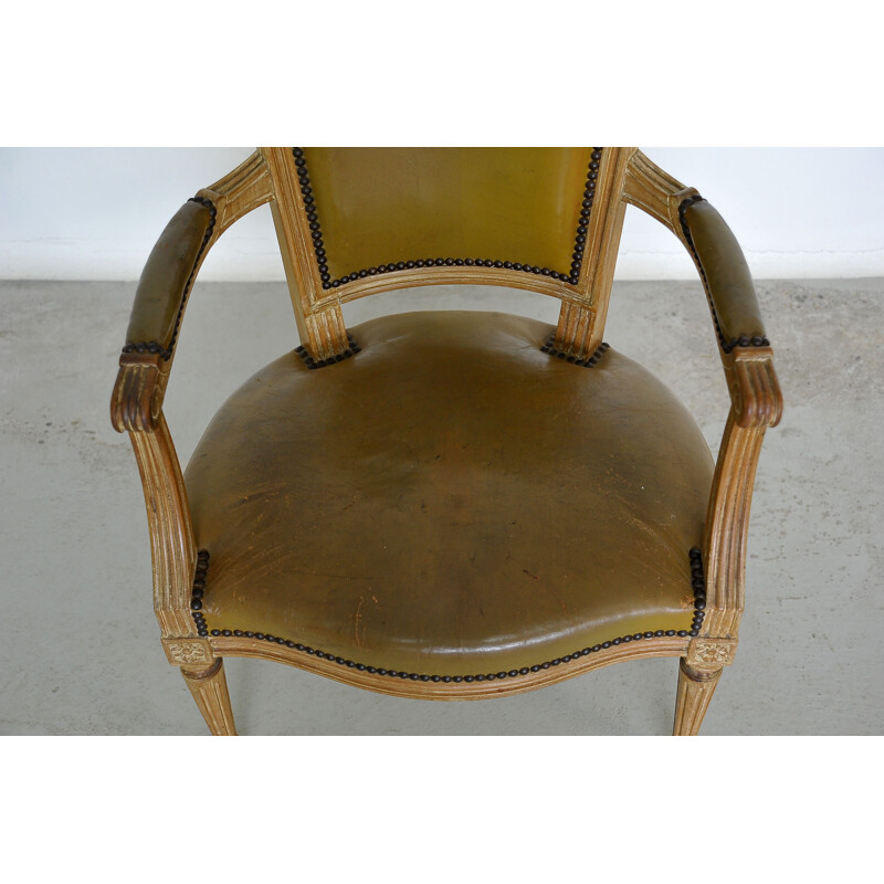 Vintage Louis XVI style beechwood and leather armchair by Maison Jansen, France 1960