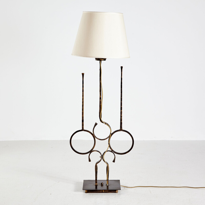 Vintage wrought iron floor lamp with shade, Italy 1960