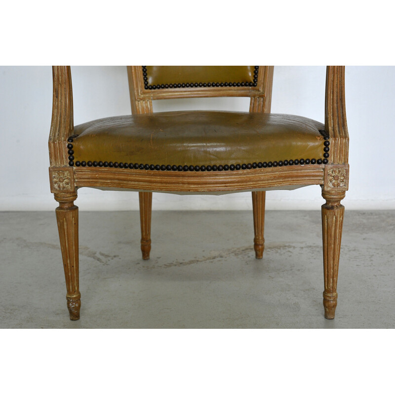 Vintage Louis XVI style beechwood and leather armchair by Maison Jansen, France 1960