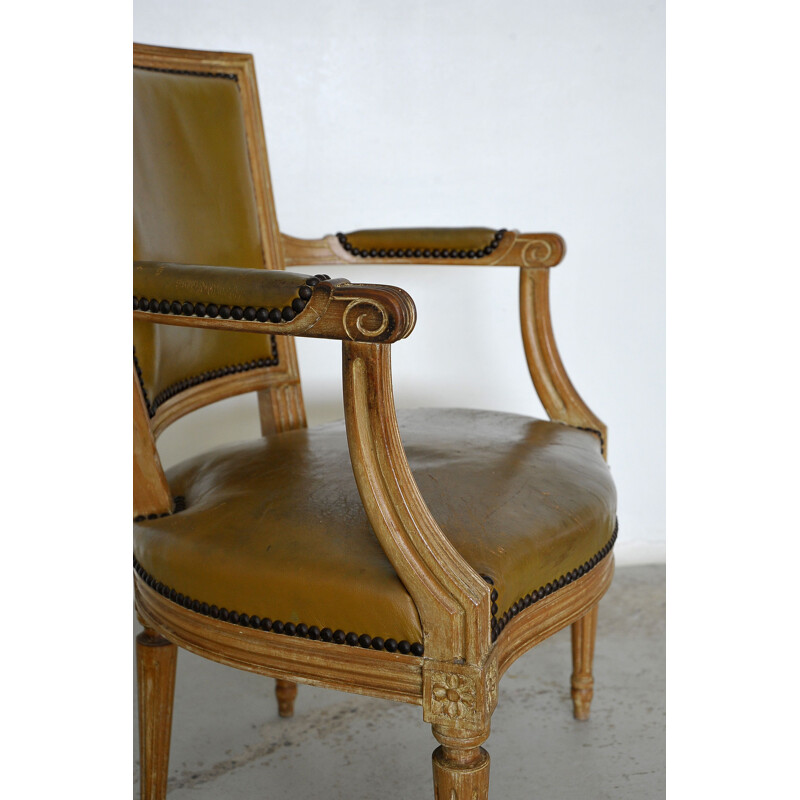 Vintage Louis XVI style beechwood and leather armchair by Maison Jansen, France 1960