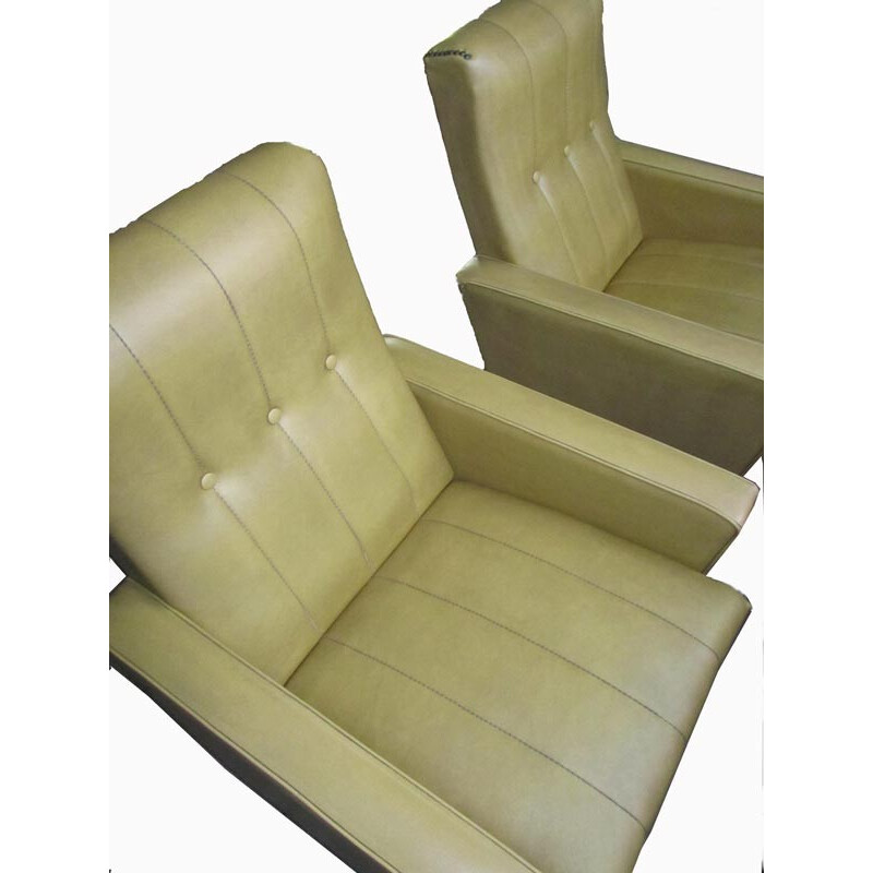 Pair of Italian lounge chairs in mustard leatherette and wood - 1960s