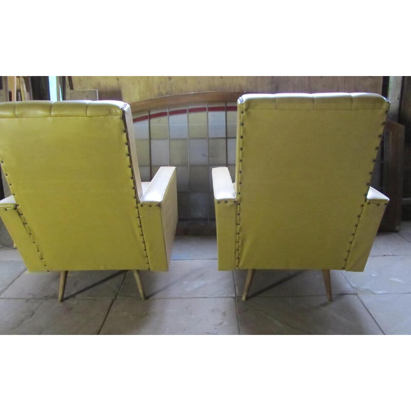 Pair of Italian lounge chairs in mustard leatherette and wood - 1960s