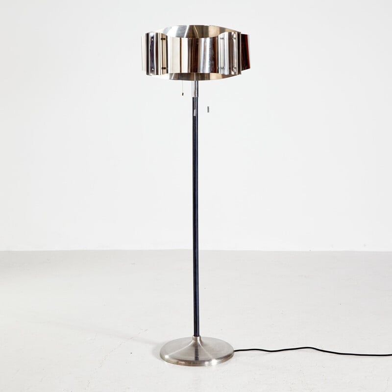Vintage metal floor lamp with wavy lampshade and black leather