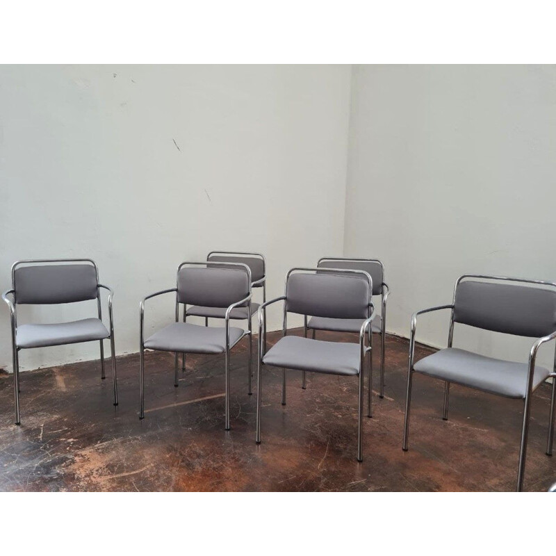 Set of 6 vintage grey chairs with armrests, GDR 1970s