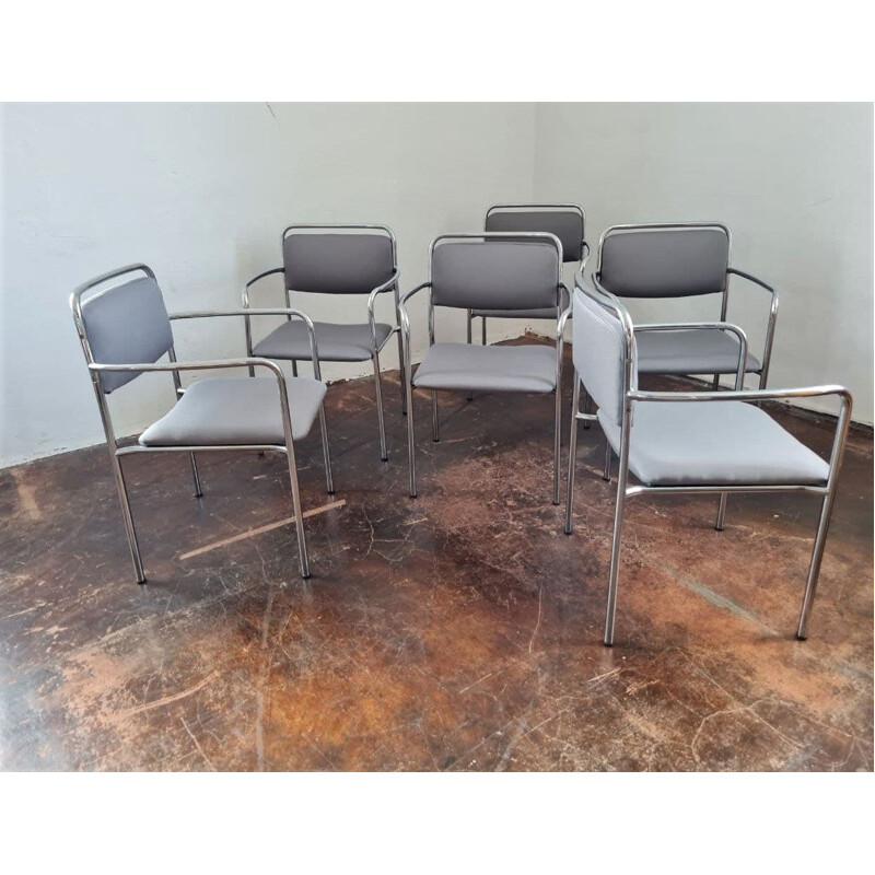 Ensemble de 6 chaises vintage grises avec accoudoirs, RDA 1970