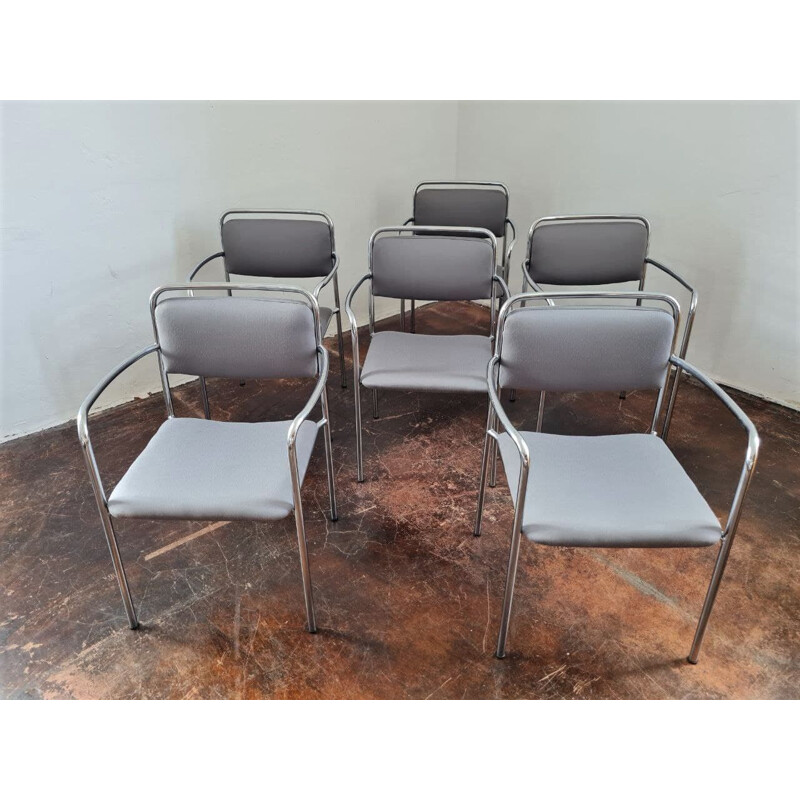 Set of 6 vintage grey chairs with armrests, GDR 1970s