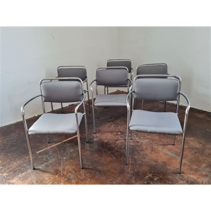 Set of 6 vintage grey chairs with armrests, GDR 1970s