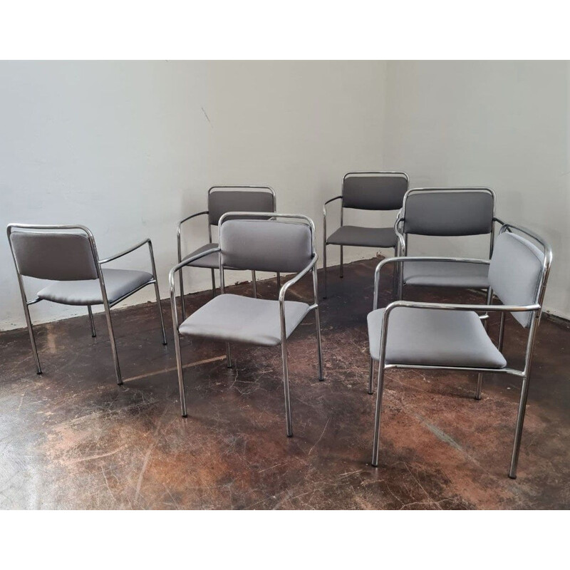 Set of 6 vintage grey chairs with armrests, GDR 1970s