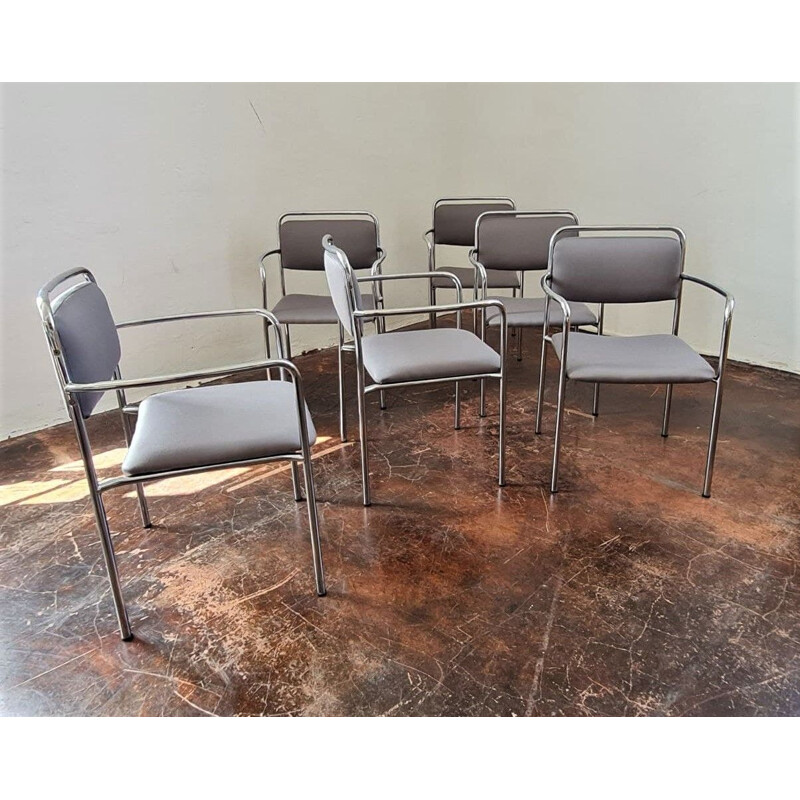 Ensemble de 6 chaises vintage grises avec accoudoirs, RDA 1970