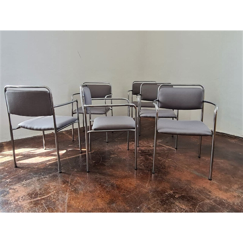 Set of 6 vintage grey chairs with armrests, GDR 1970s