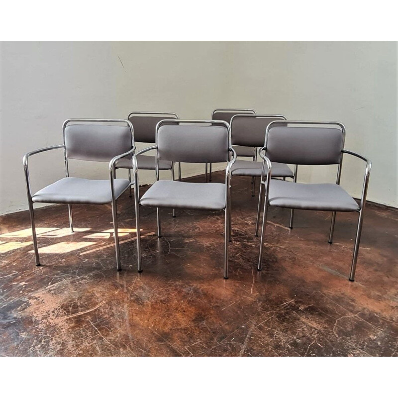 Set of 6 vintage grey chairs with armrests, GDR 1970s