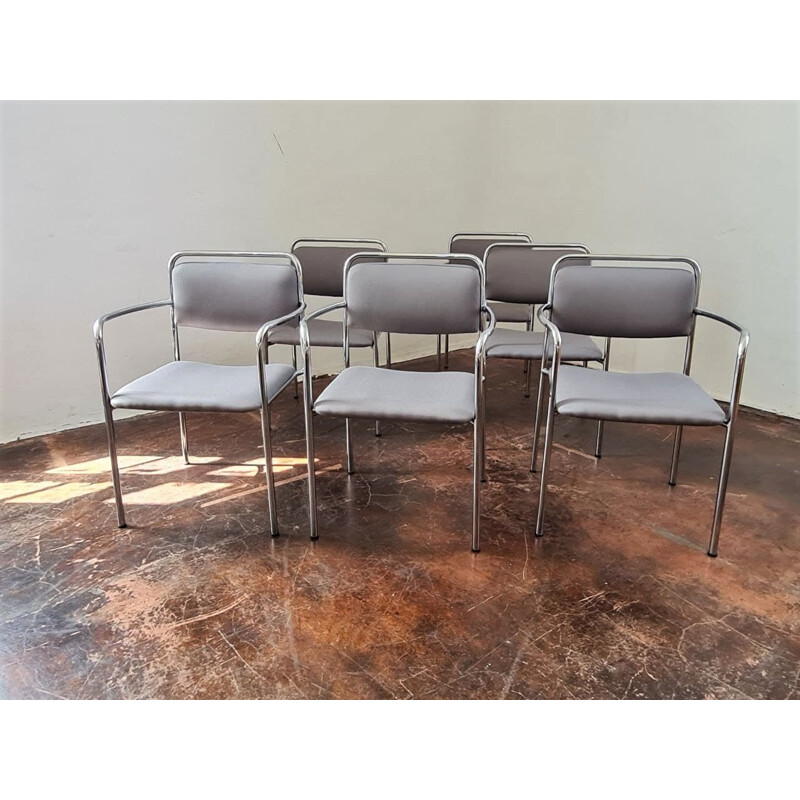 Set of 6 vintage grey chairs with armrests, GDR 1970s