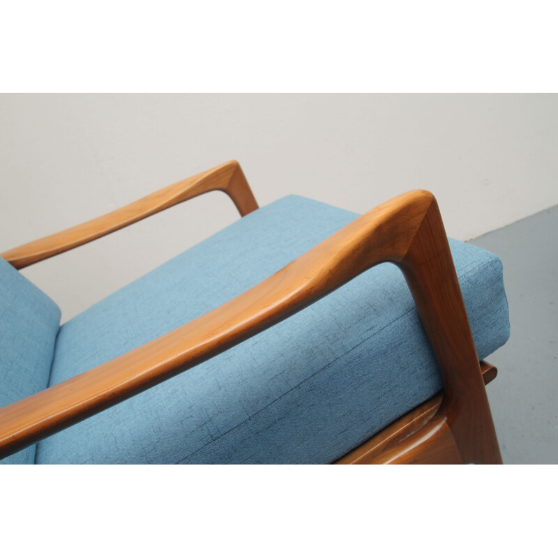 Vintage lichtblauwe kersenhouten fauteuil, 1960