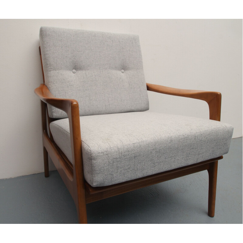 Vintage light grey armchair in cherrywood, 1960s